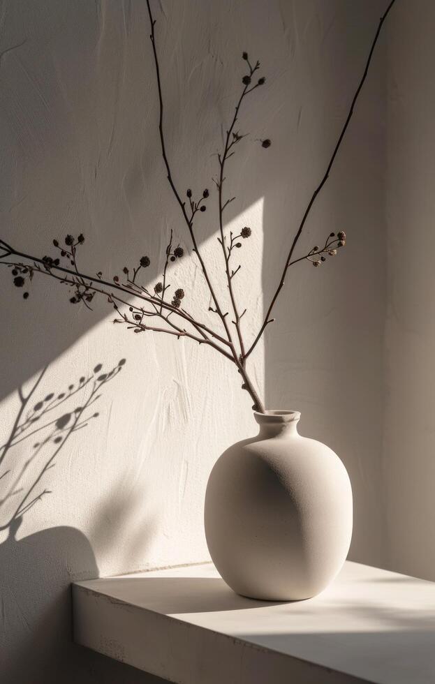 AI generated a vase with dried branches is sitting on a white table photo