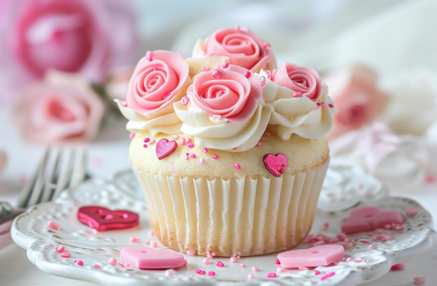 AI generated a white cupcake with pink roses and hearts photo