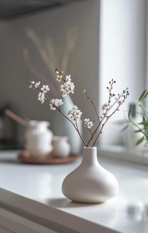 ai generado un pequeño blanco florero sentado en un blanco comida habitación mostrador foto