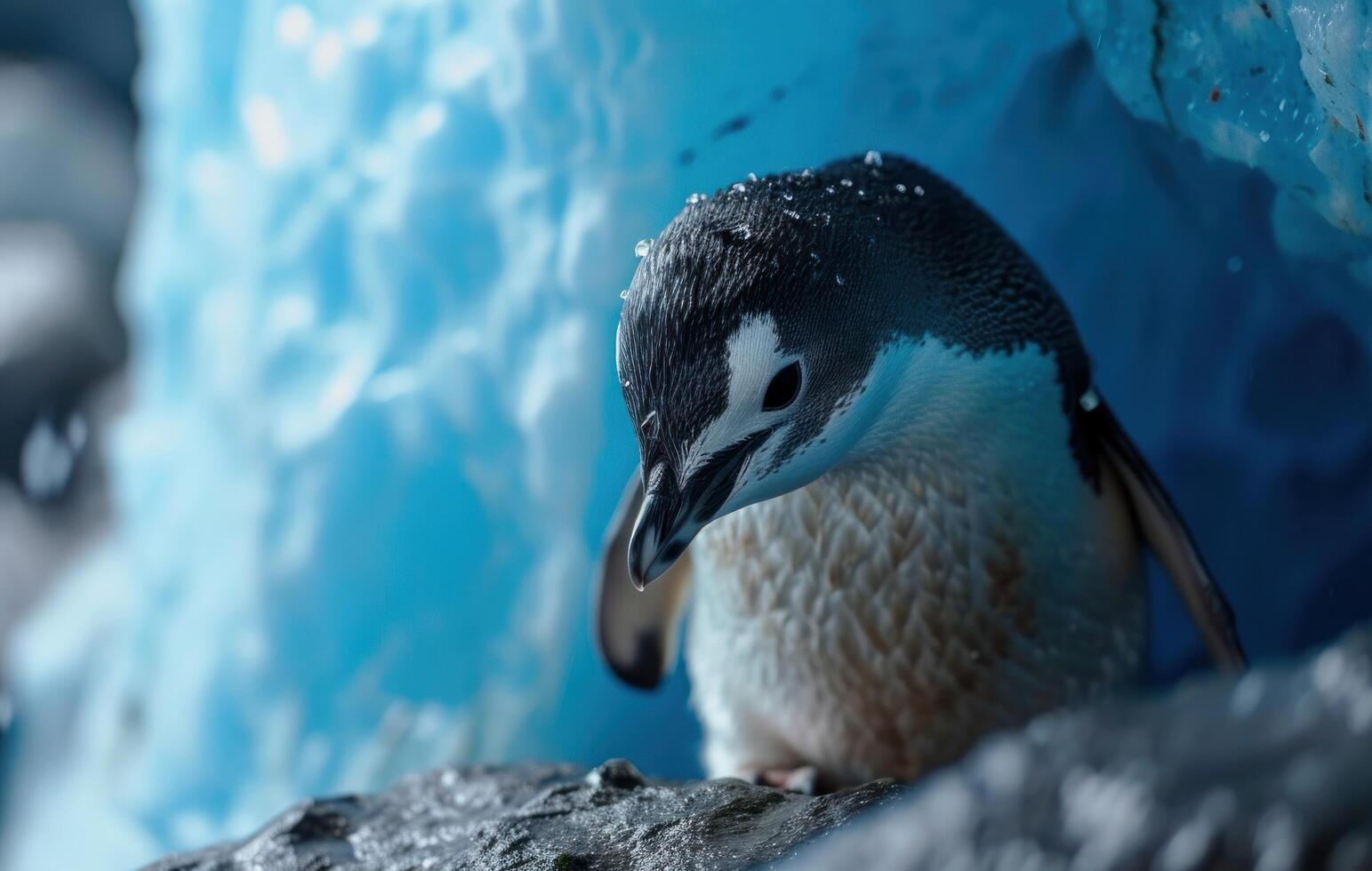 AI generated a small penguin looks through a blue wall photo