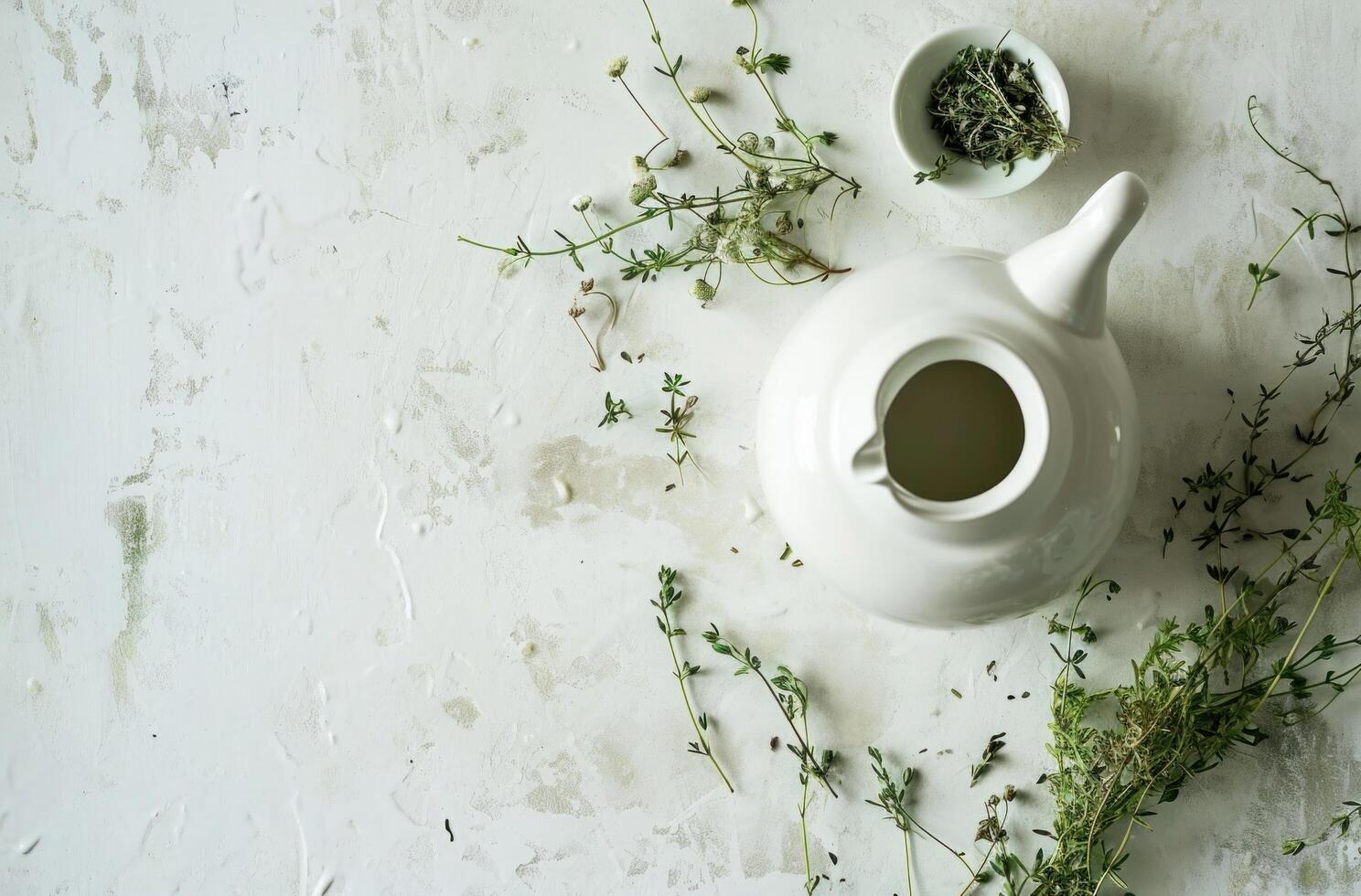 AI generated a white tea pot on top of a white surface with herbs photo