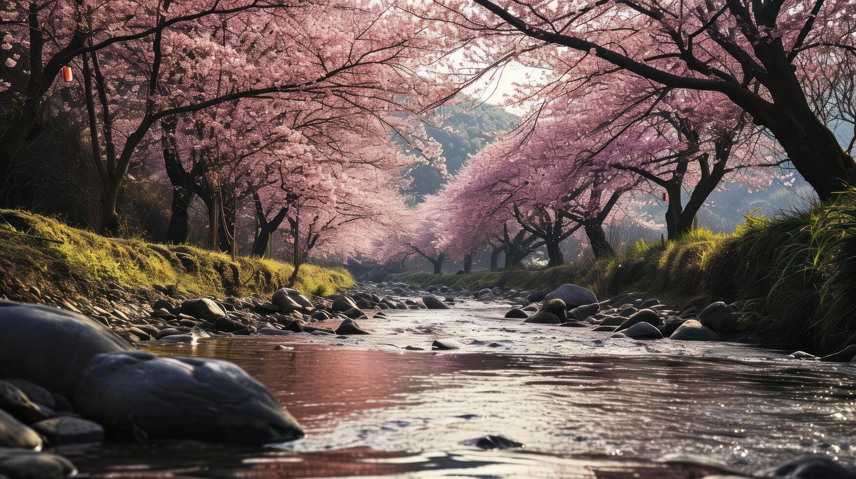 AI generated a tranquil river flowing through a blossoming cherry blossom tree grove photo