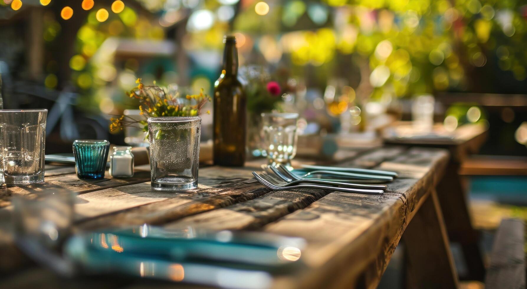 AI generated a wooden table setting around an outdoor patio table with bunting photo