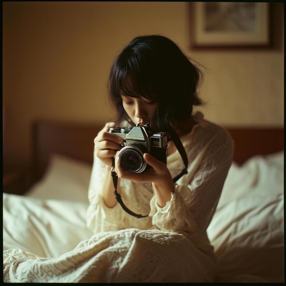 AI generated a woman is sitting on a bed with a camera, soft-focus portraits photo