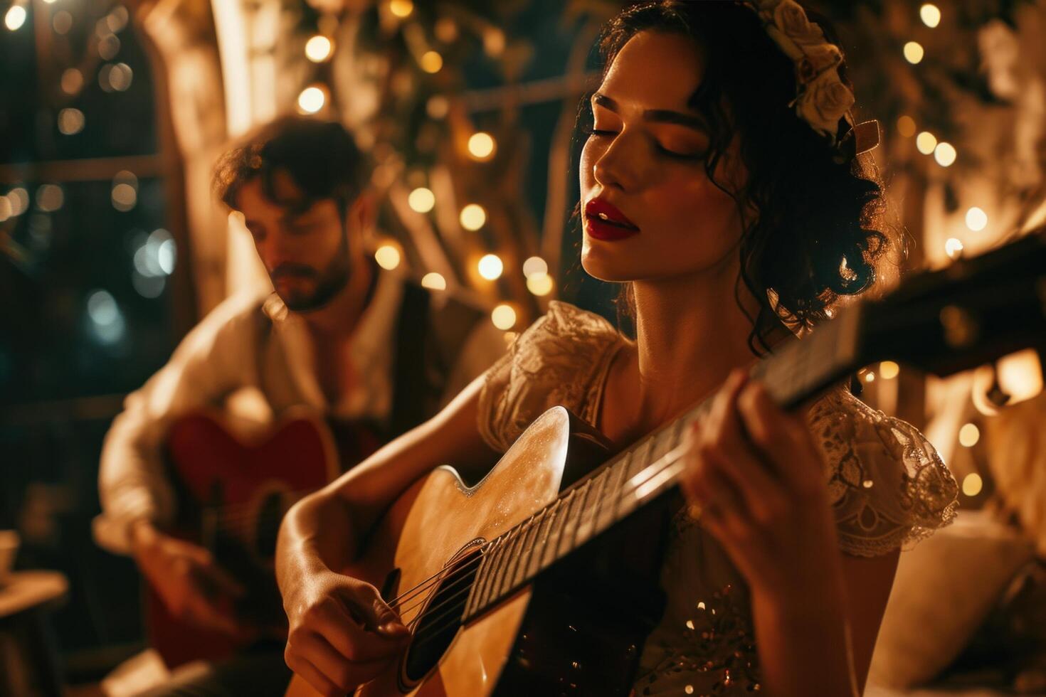 ai generado un mujer canto un canción mientras un hombre obras de teatro guitarra foto