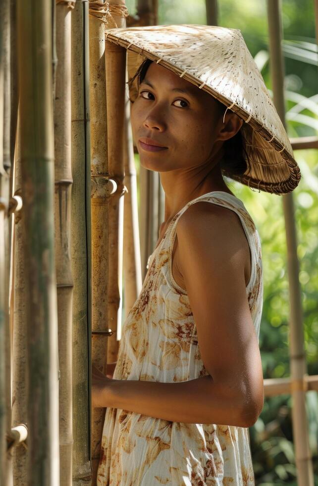 ai generado un mujer soportes detrás bambú Esgrima vistiendo un Paja Paja sombrero y vestido de verano foto