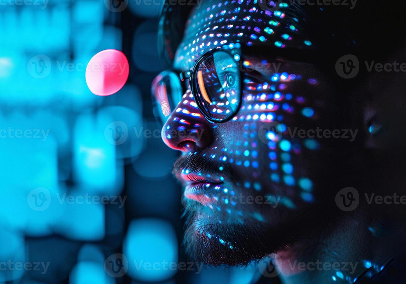 AI generated young man with a beard and glasses against a background of colored lightsGenerated Image photo