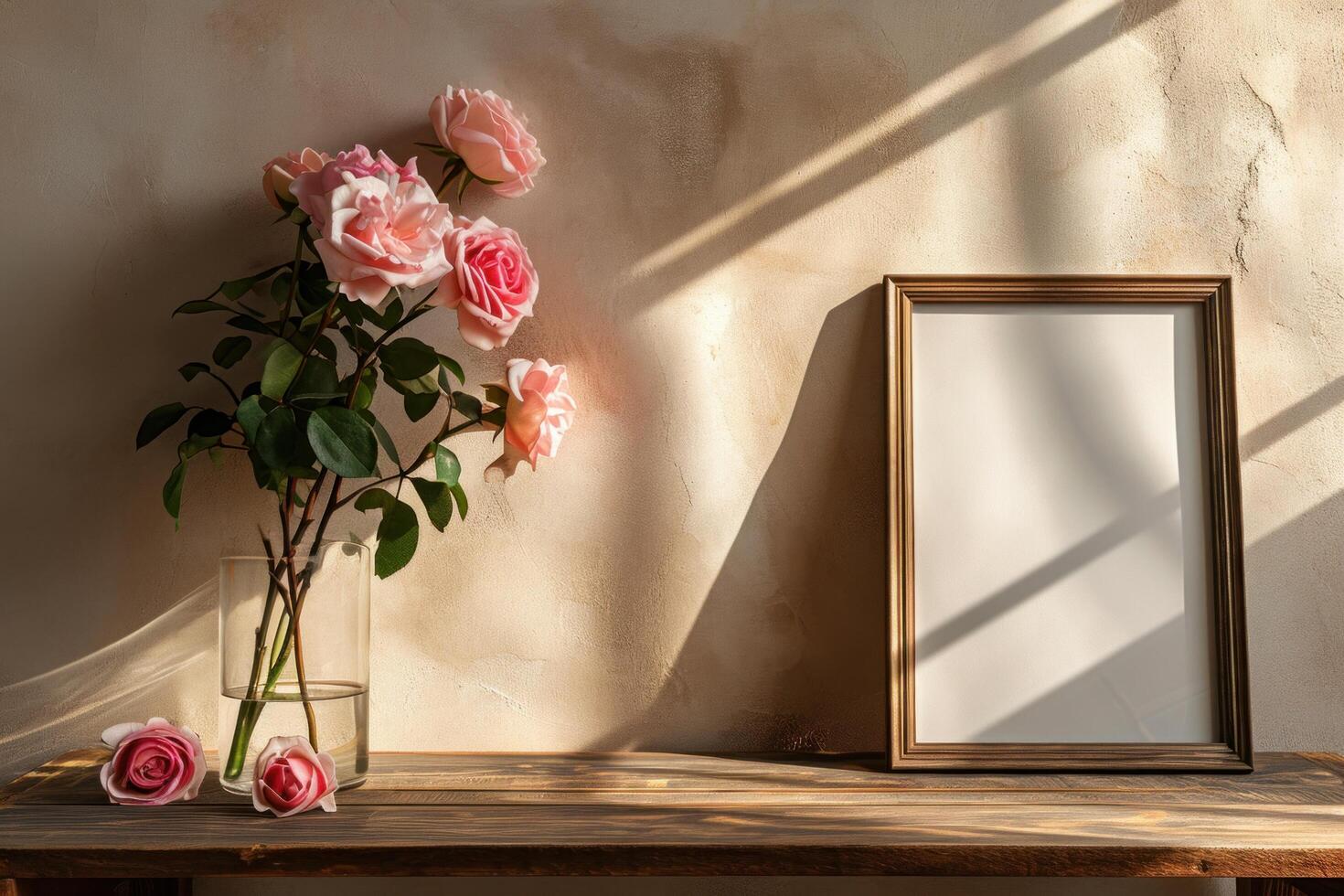 AI generated an empty frame, coffee table and a vase of pink roses on a wooden table photo