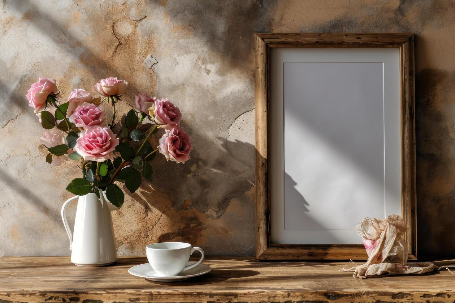 ai generado un vacío marco, café mesa y un florero de rosado rosas en un de madera mesa foto
