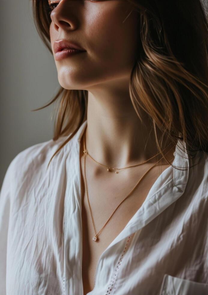 ai generado un mujer vistiendo un oro collar y blanco camisa foto