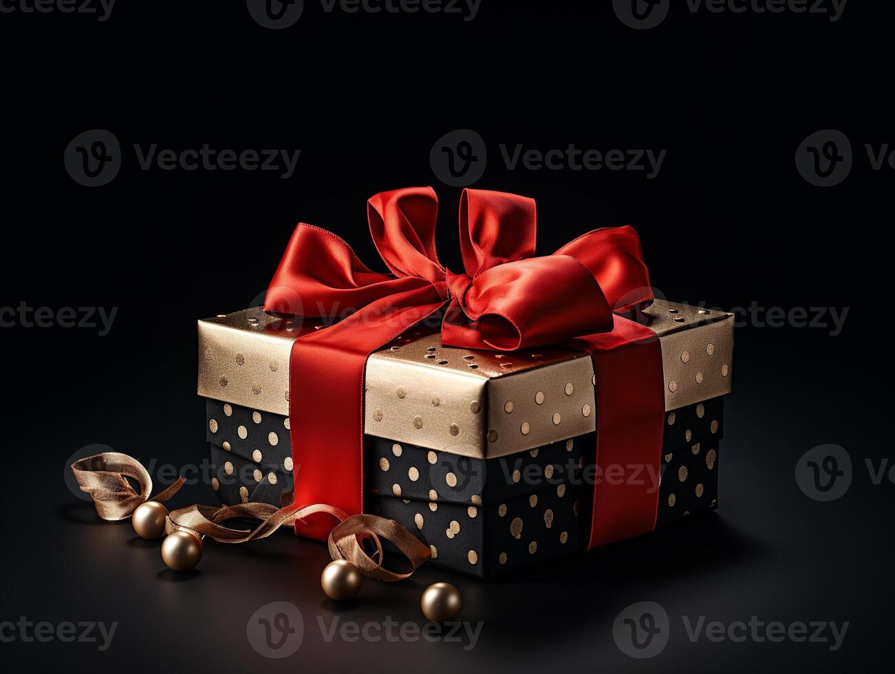 AI generated A beautifully wrapped gift box with a red ribbon, set against a dark background photo