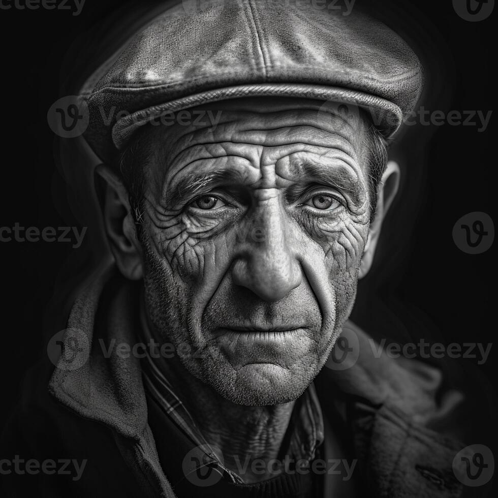 ai generado retrato de un antiguo hombre, vistiendo un gorra y chaqueta foto