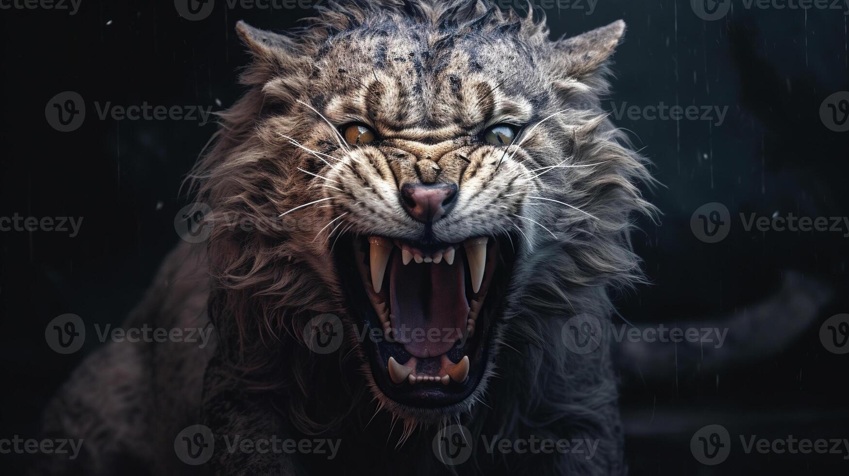 AI generated A snarling, gray and black striped cat with a large mane, dark blurred background photo