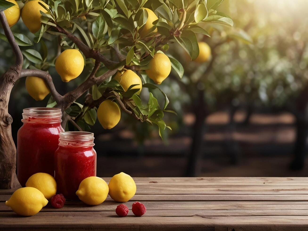 AI generated Rustic Wooden Table with lemon Orchard Backdrop, Product Display Template photo