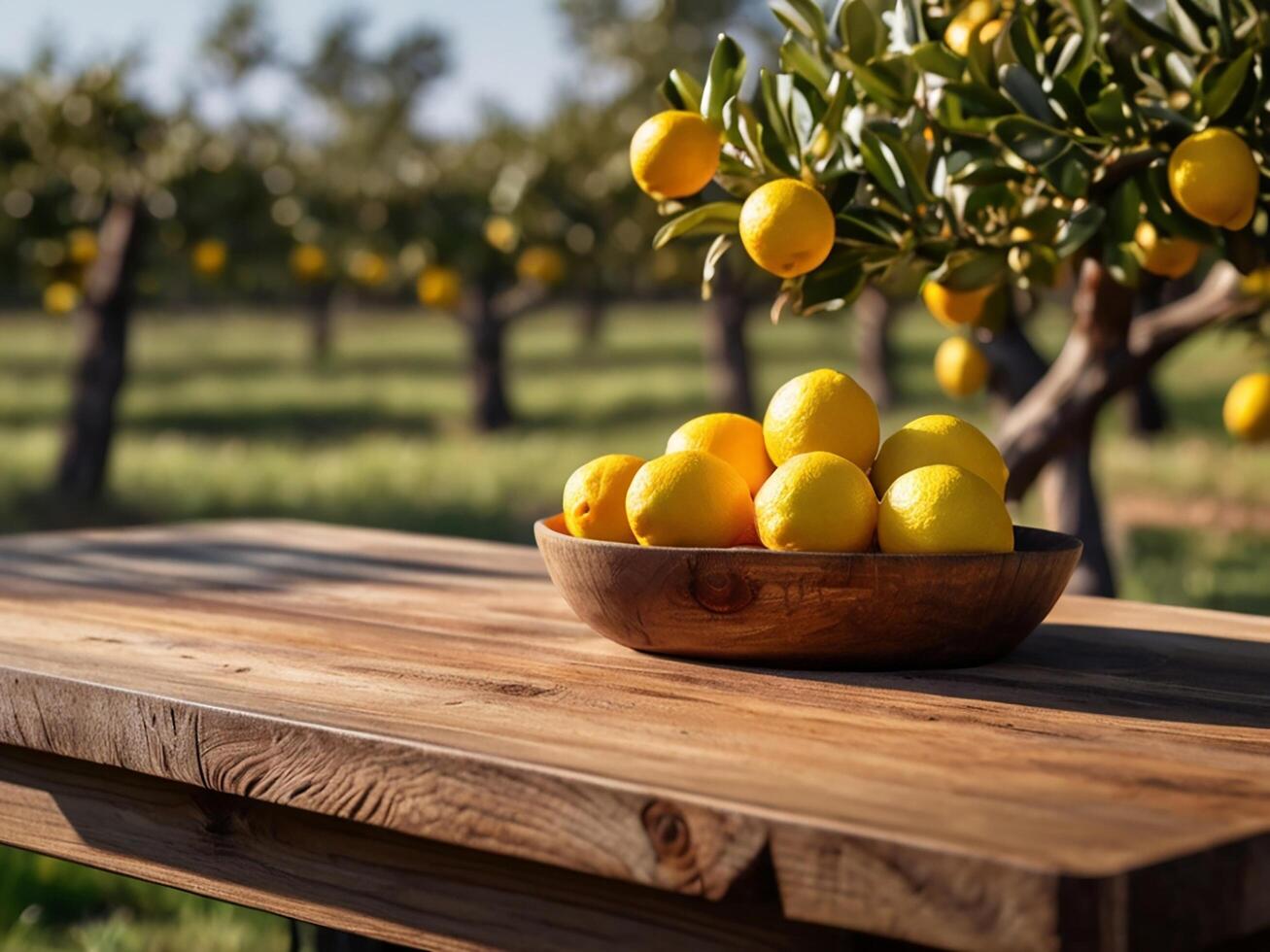AI generated Rustic Wooden Table with lemon Orchard Backdrop, Product Display Template photo