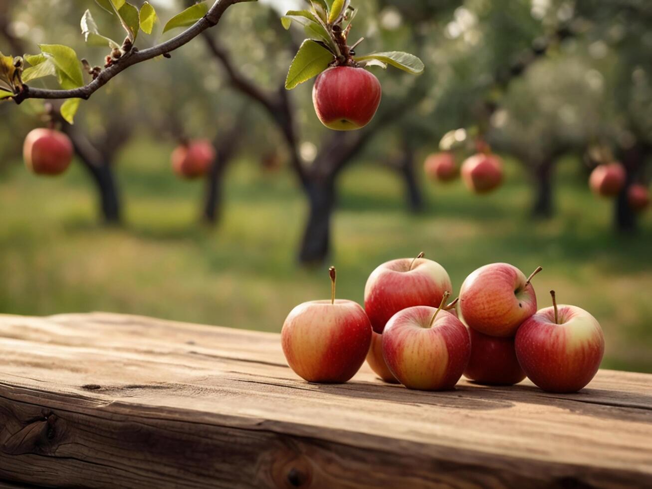 AI generated Rustic Wooden Table with Apple Orchard Backdrop, Product Display Template photo