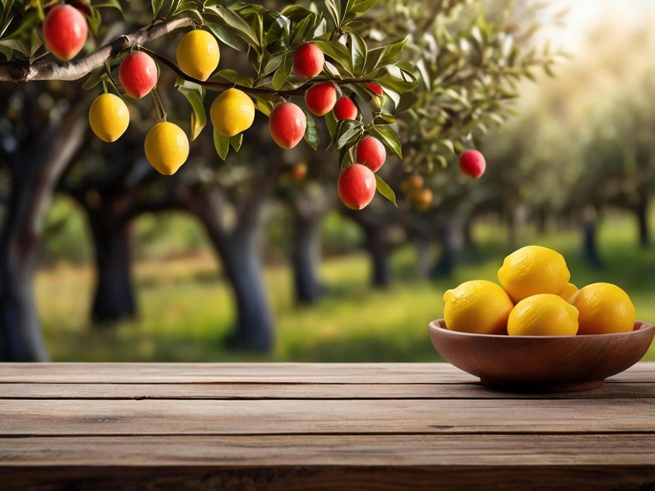 AI generated Rustic Wooden Table with lemon Orchard Backdrop, Product Display Template photo