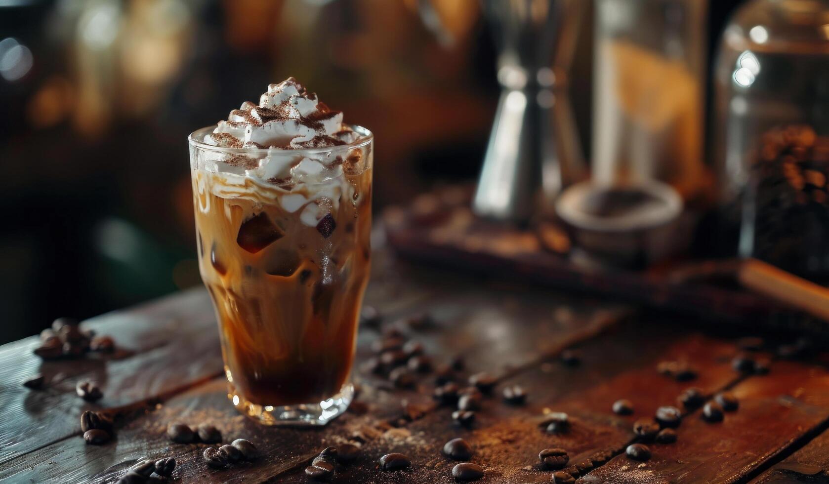 AI generated an ice coffee cocktail is present and garnished with whipped cream photo