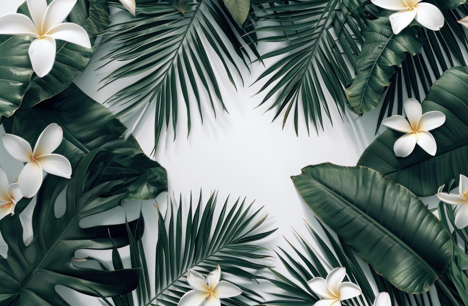 AI generated an image of a frame with palm leaves and flowers photo