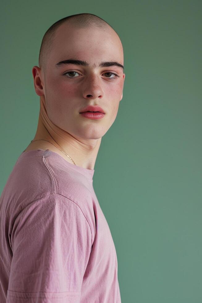 AI generated athletic model balding young man wearing a pink shirt posing against green background photo