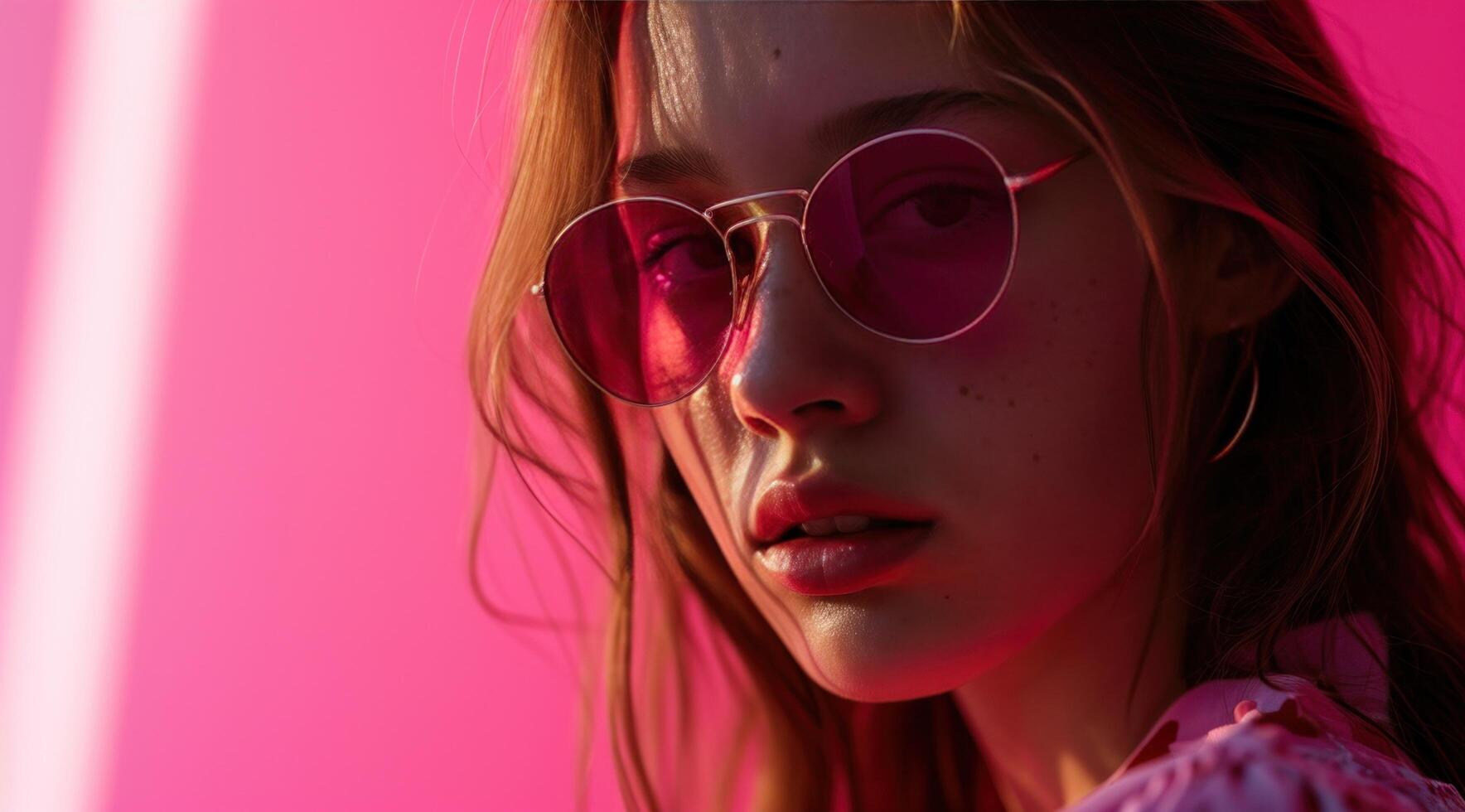 ai generado hermosa niña con rosado Gafas de sol en un rosado antecedentes foto