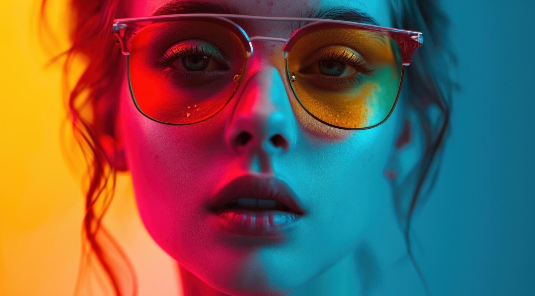 AI generated beautiful young woman in red and yellow sunglasses photo