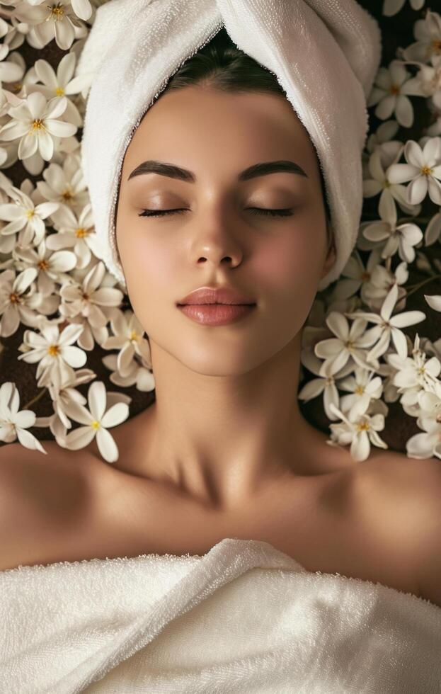 AI generated beautiful woman with towel wraparound her neck, relaxing in spa photo