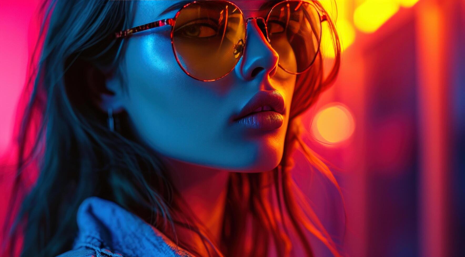 AI generated beautiful young woman in red and yellow sunglasses photo