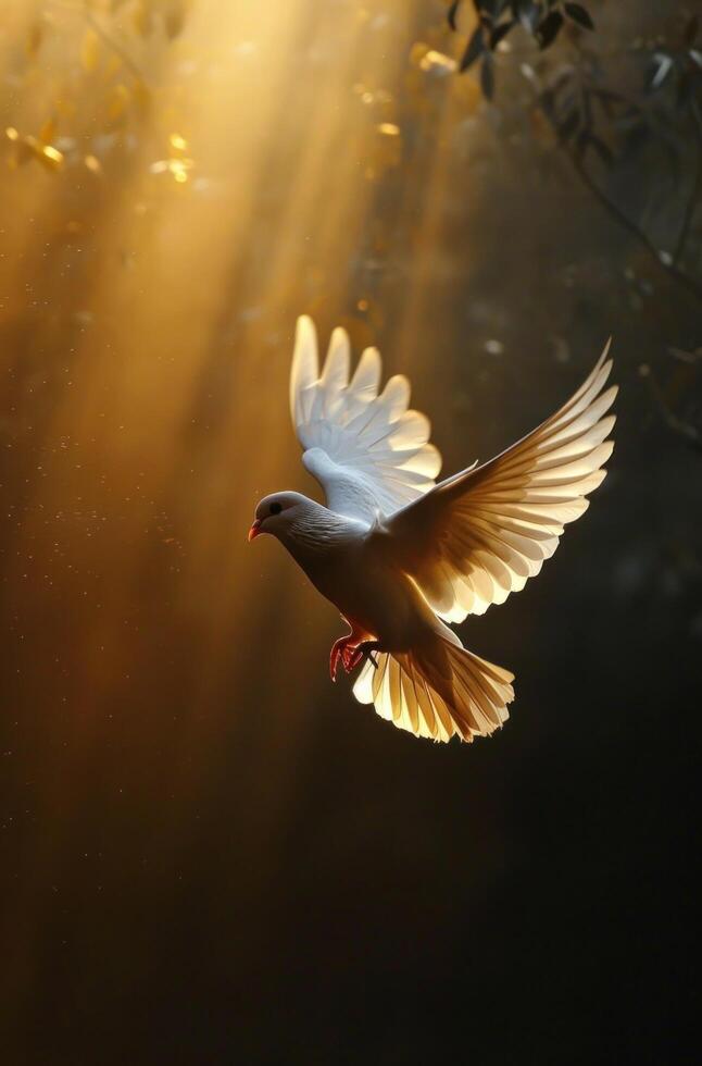 AI generated dove in flight with a sun and light bridging in photo