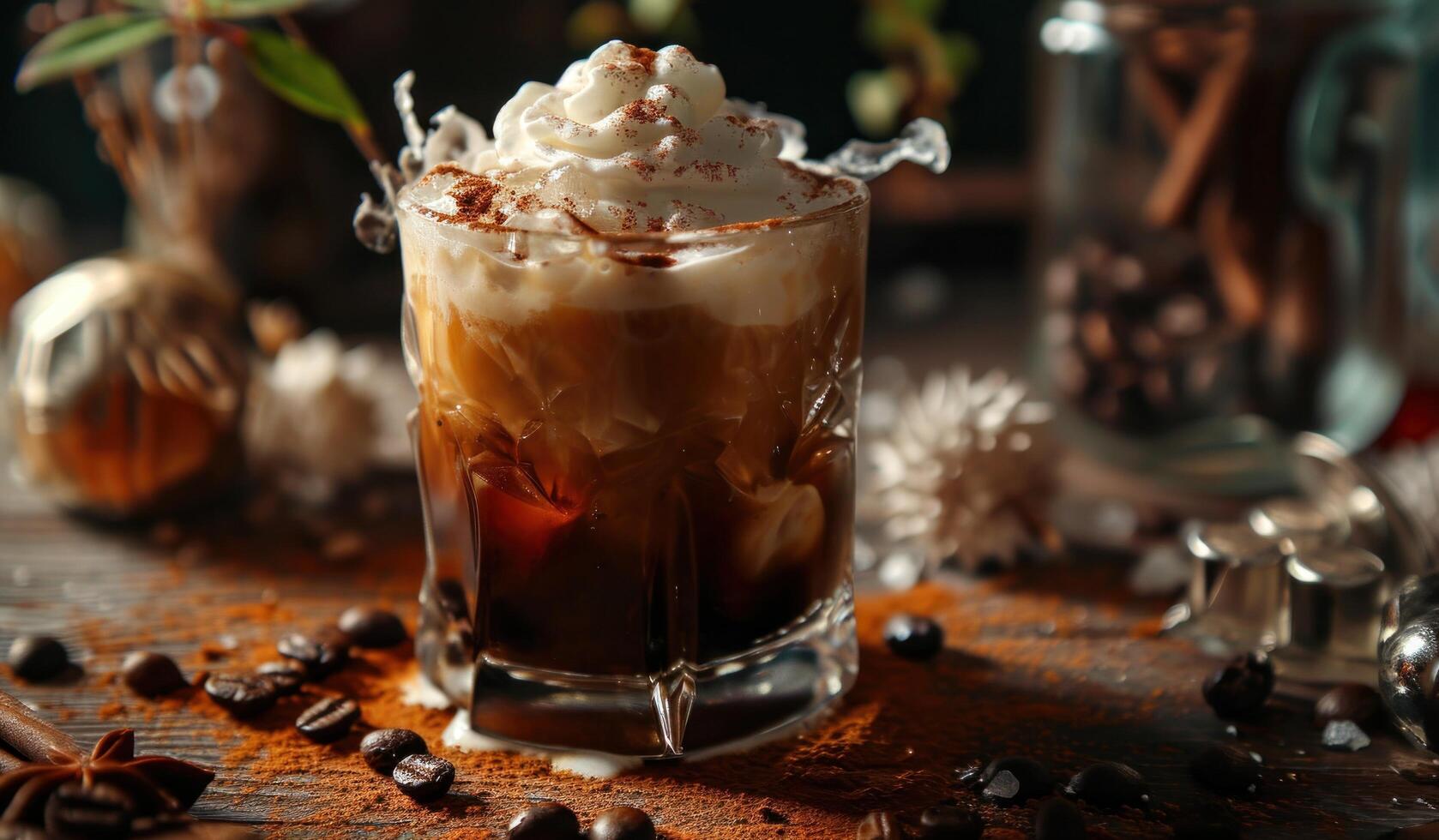AI generated an ice coffee cocktail is present and garnished with whipped cream photo