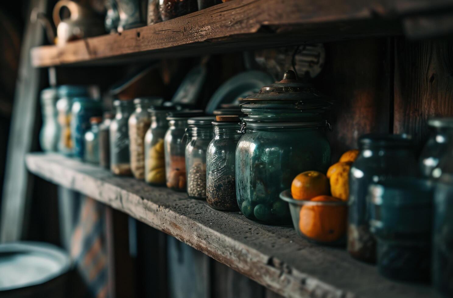 ai generado un antiguo de madera estante con muchos Fruta frascos foto