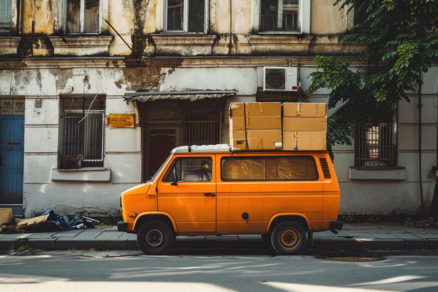 ai generado un naranja camioneta viajes abajo el calle con varios cajas foto