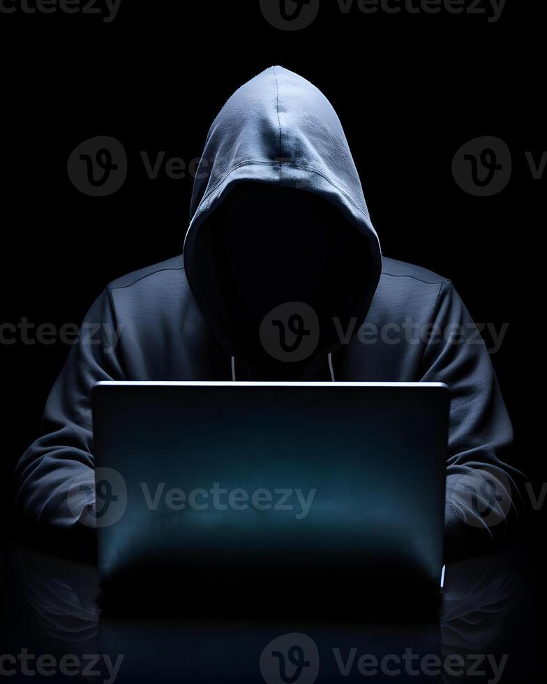 AI generated Anonymous hacker with computer laptop. Cybercrime, cyberattack, dark web concept. photo