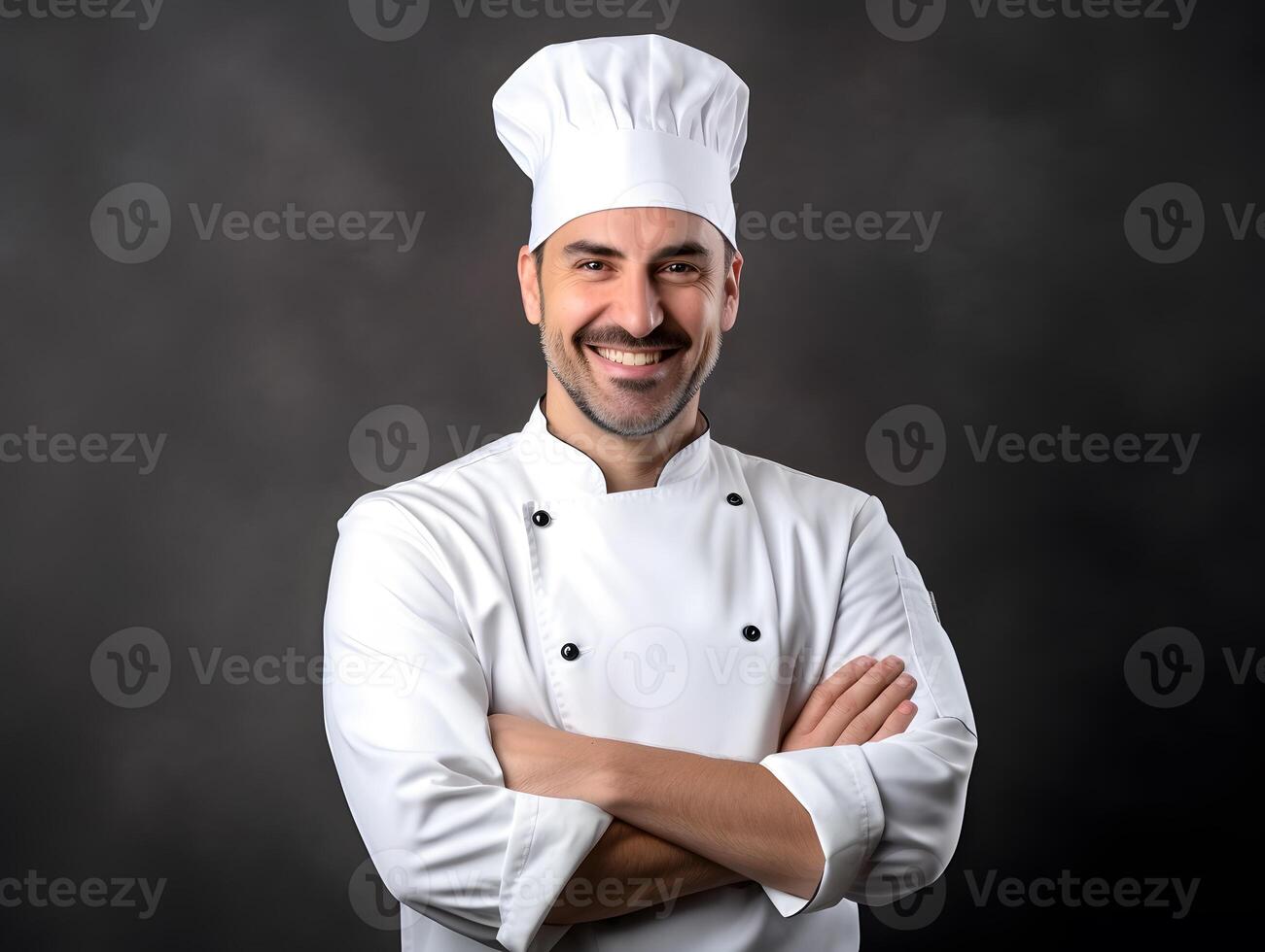 ai generado retrato de hermoso masculino cocinero con cruzado brazo en estudio foto