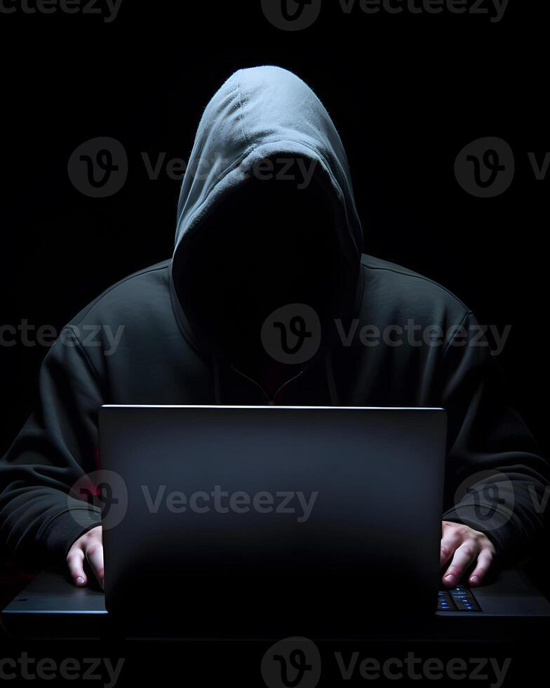 AI generated Anonymous hacker with computer laptop. Cybercrime, cyberattack, dark web concept. photo