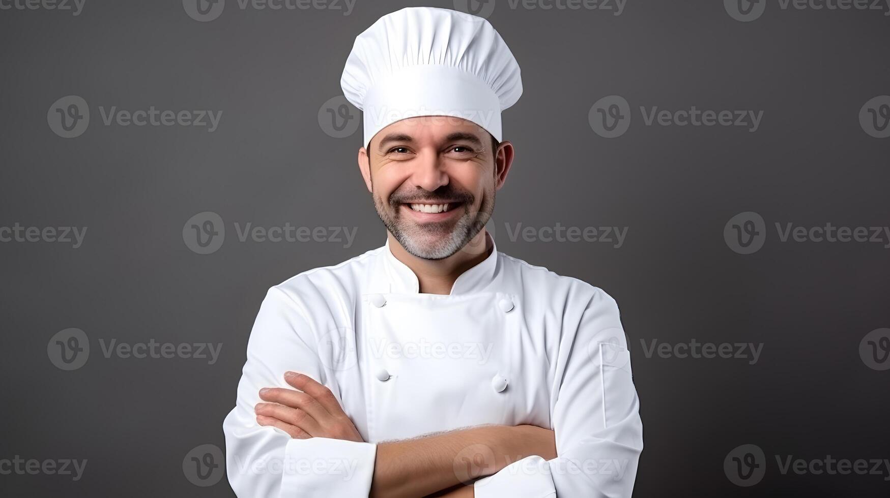 ai generado retrato de hermoso masculino cocinero con sonrisa en estudio foto