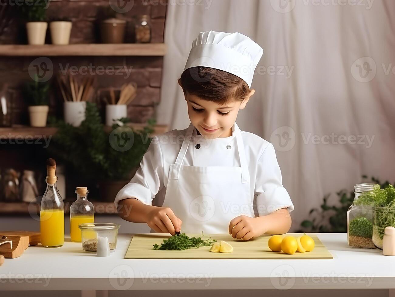 AI generated A caucasian boy dressed as a chef and preparing food in kitchen. photo