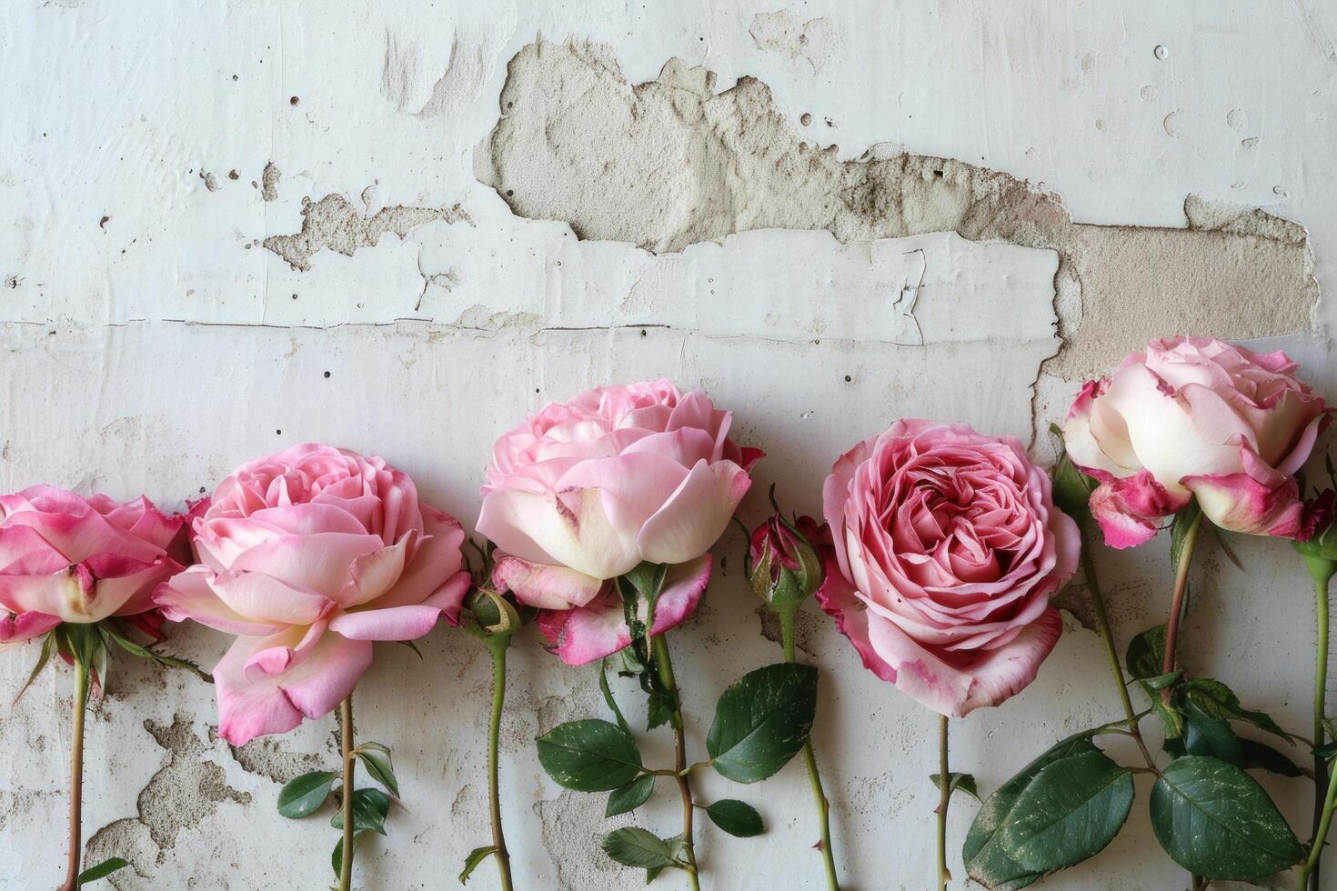AI generated fresh pink roses in a row against a white background photo