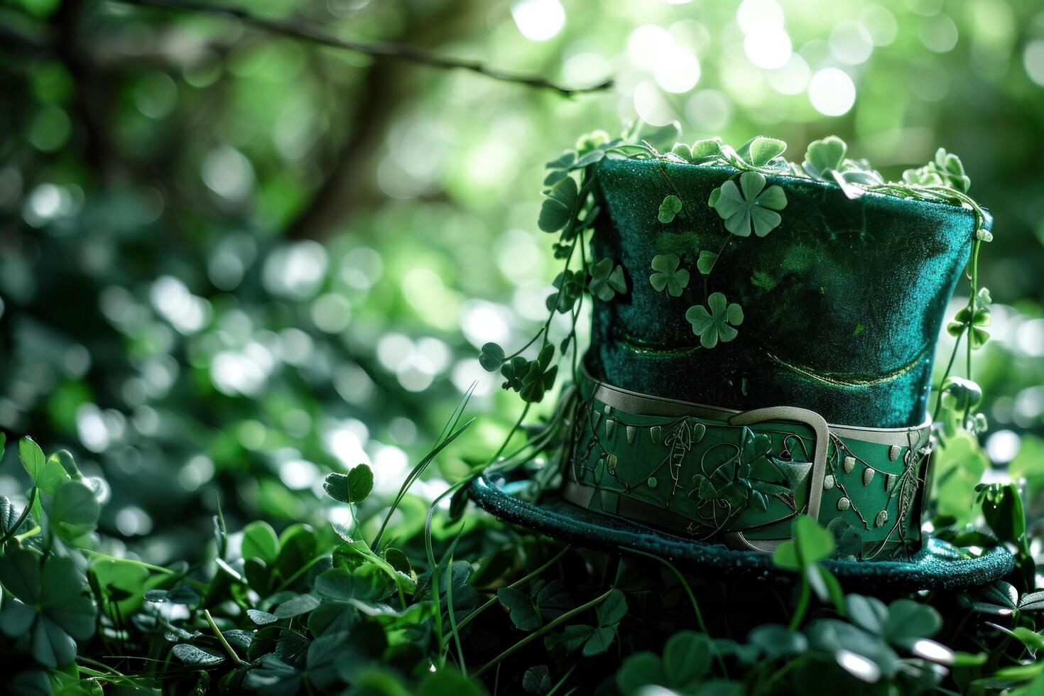 AI generated green head hat with clovers background photo