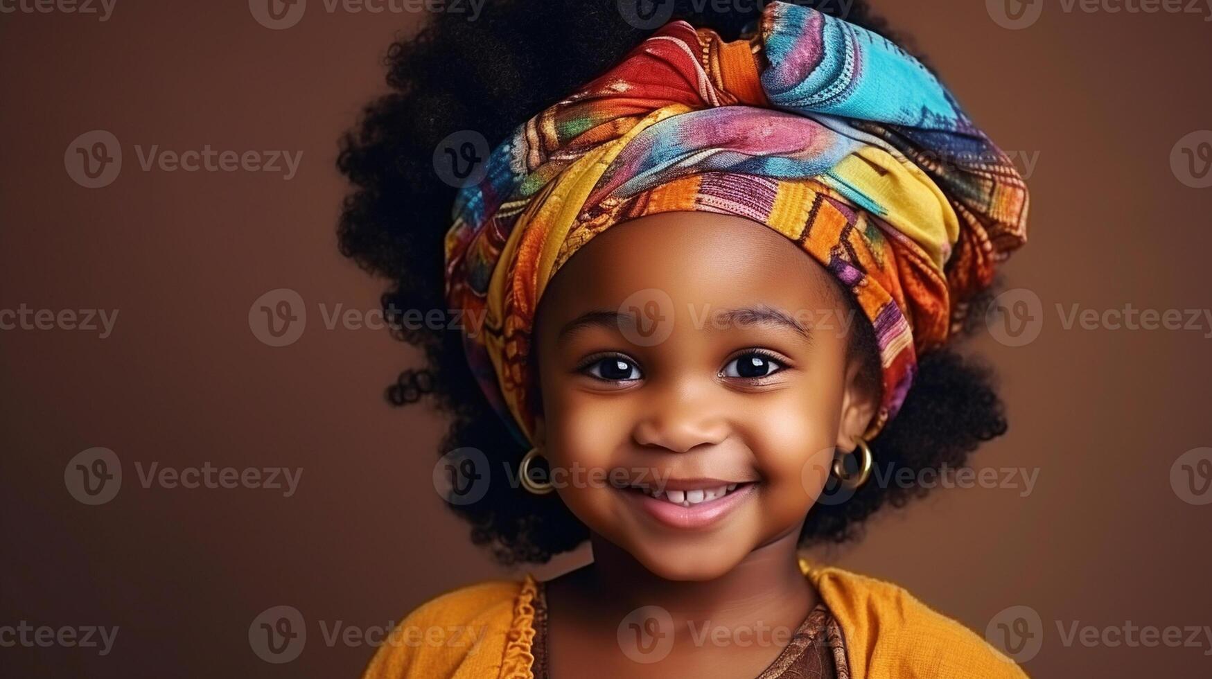 AI generated African mature baby girl in traditional clothes portrait. traditionally dressed in colorful clothing and head wrap. Black History Month concept. photo