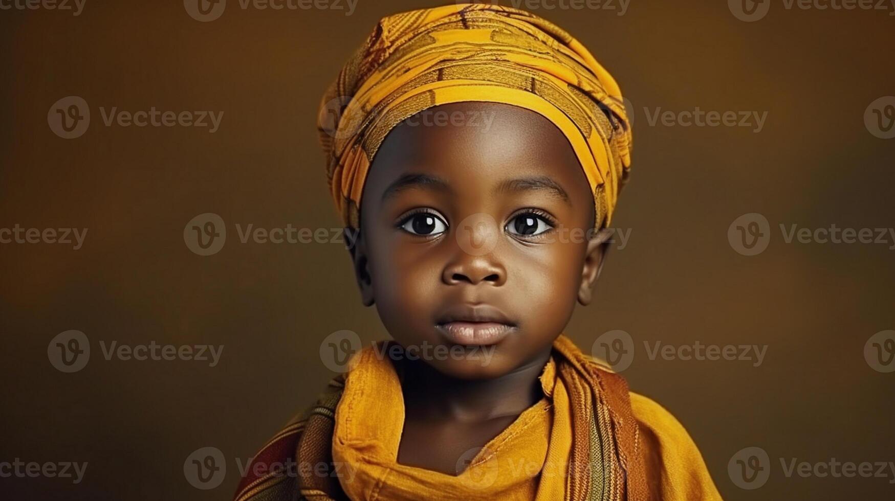 ai generado africano maduro bebé chico en tradicional ropa retrato. tradicionalmente vestido en vistoso ropa y cabeza envoltura. negro historia mes concepto. foto