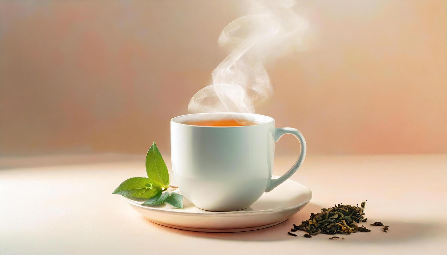 AI generated Cup of tea with green tea leaves and steam on a light ...