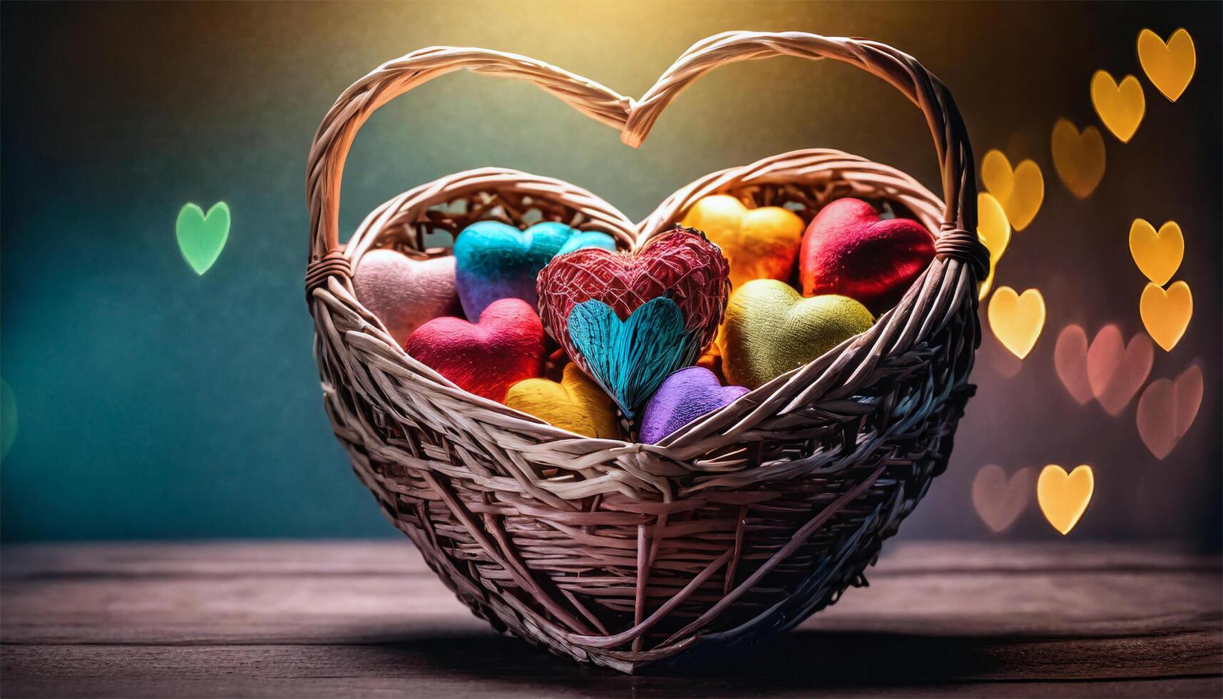 AI generated Colorful hearts in a basket on a wooden background. Valentine's Day. photo