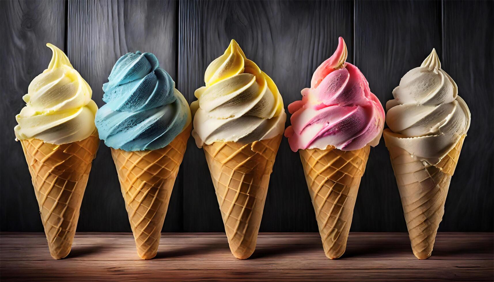 AI generated Colorful ice creams in waffle cones on wooden background. photo
