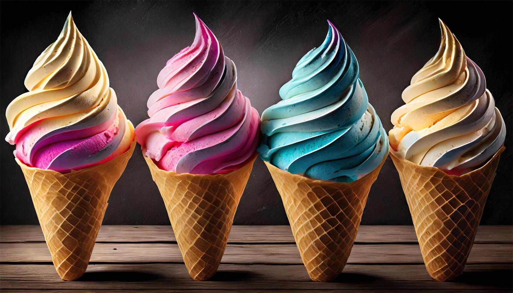 AI generated Colorful ice creams in waffle cones on wooden background. photo