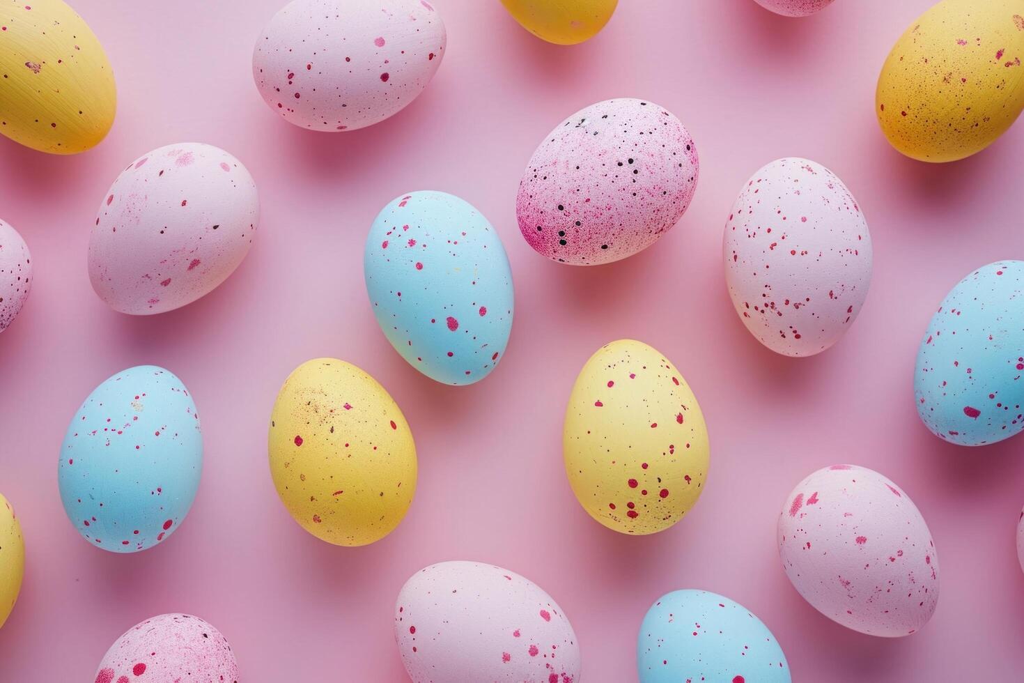 AI generated colorful easter eggs arranged on a pink background photo