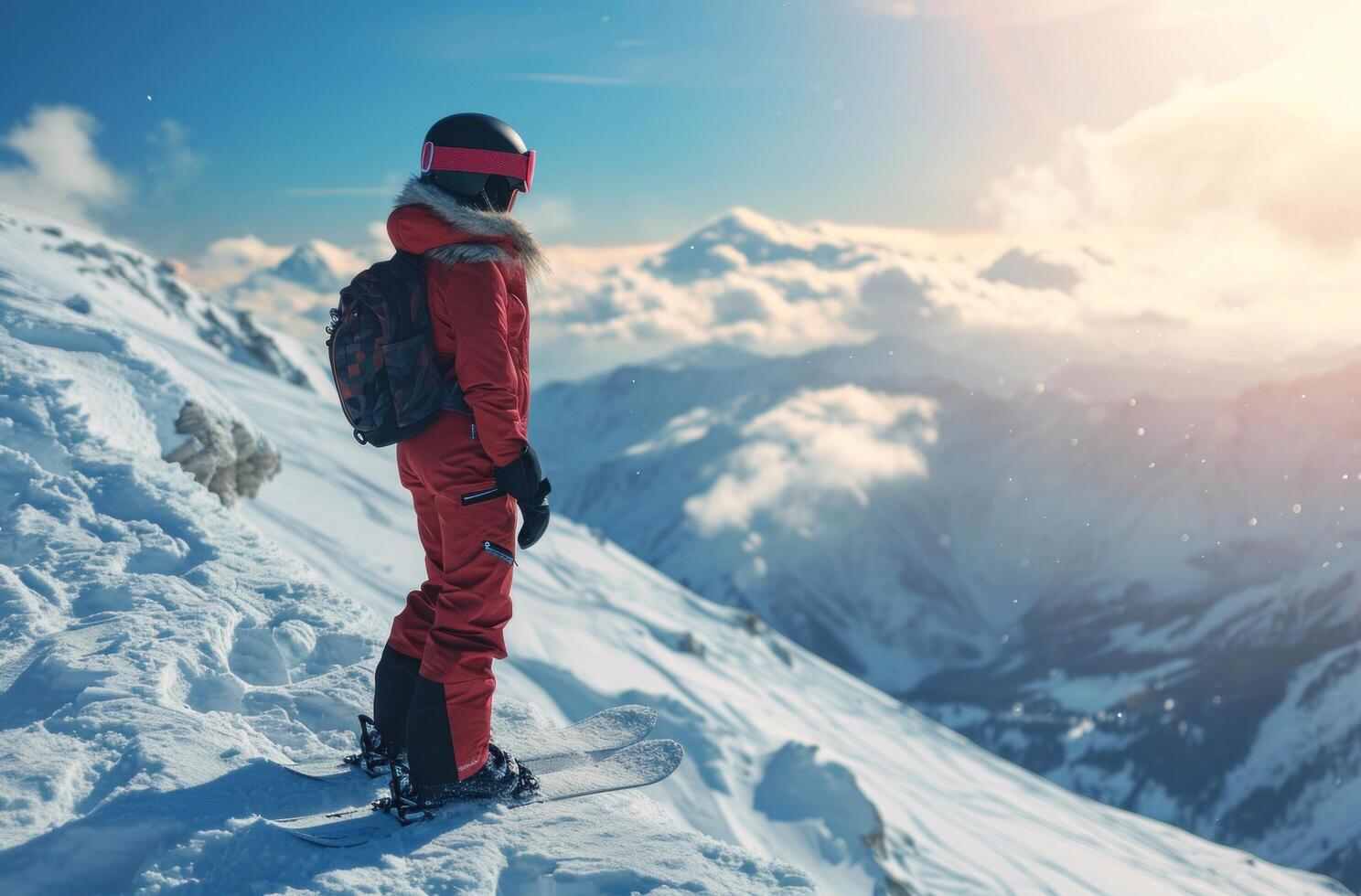 ai generado héroe Disparo tabla de snowboard niña en el parte superior de Nevado montaña foto