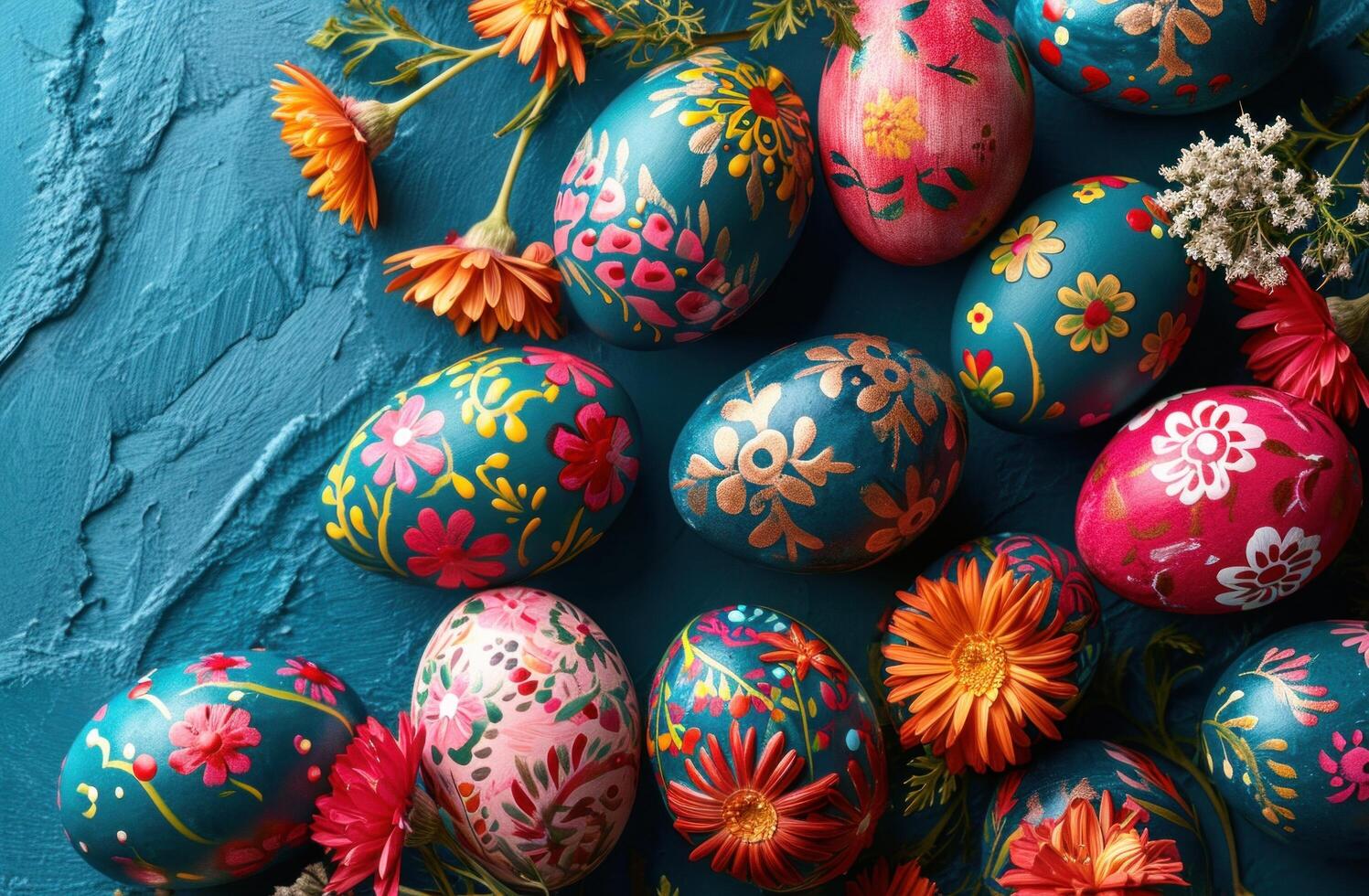 AI generated colorful painted eggs and flowers on a blue background photo