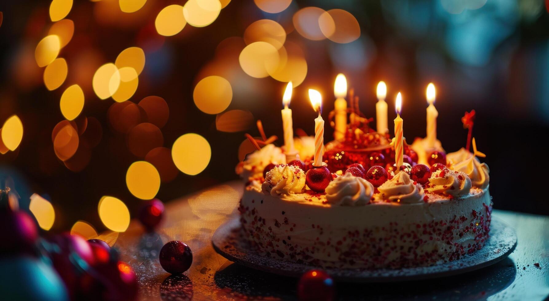 ai generado contento cumpleaños pastel con velas con rojo pelotas en bokeh foto