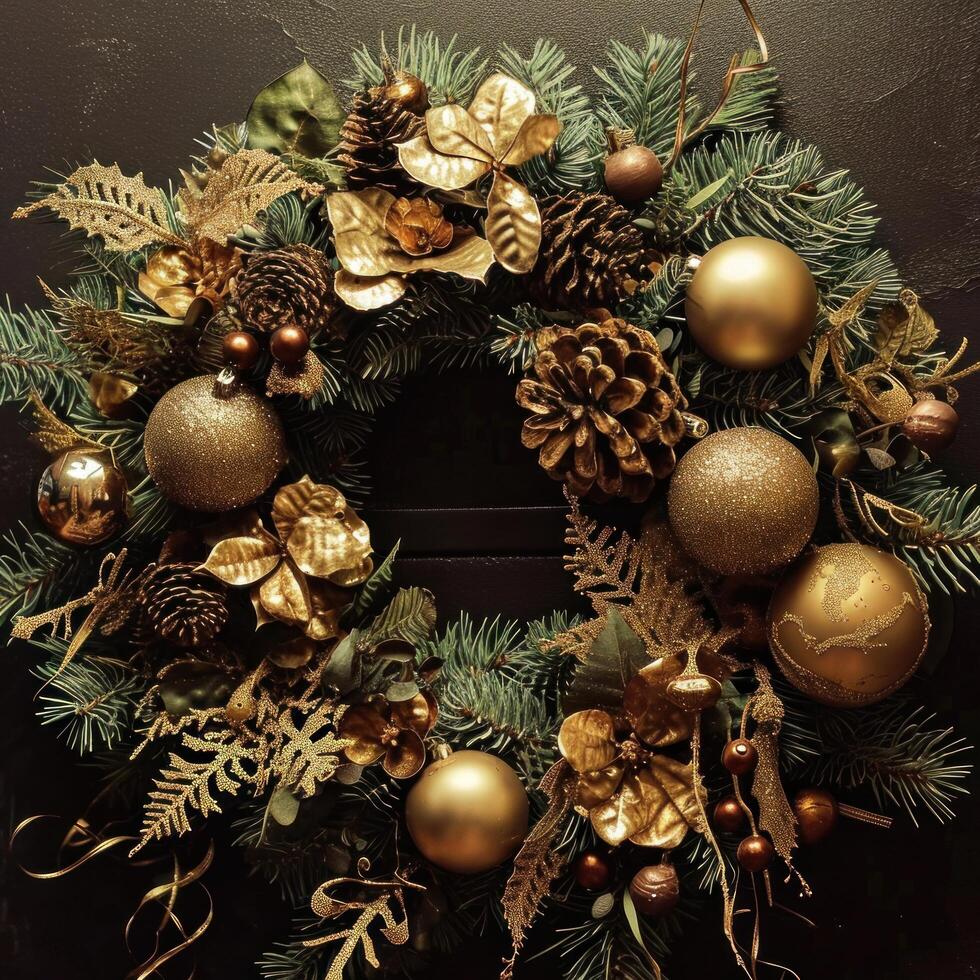 AI generated decorating for the holidays a diy wreath with gold ornaments and metal decorations photo